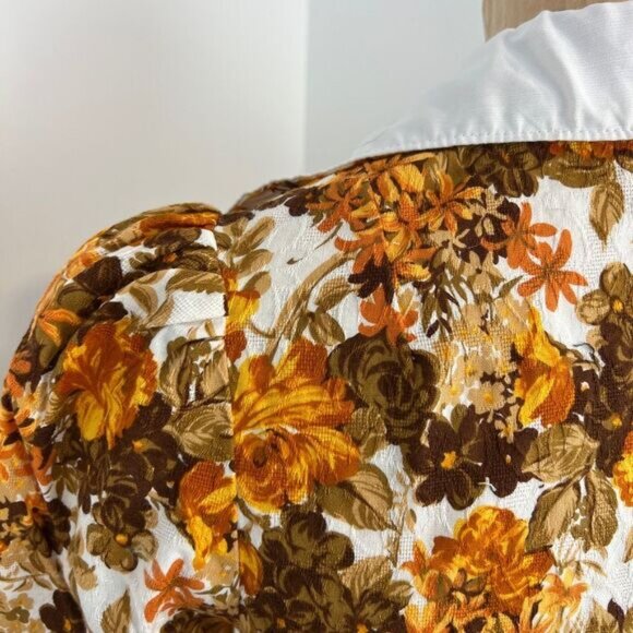 VTG Handmade Women Small Brown White Floral Collared Babydoll Cropped Top Blouse - Picture 5 of 14